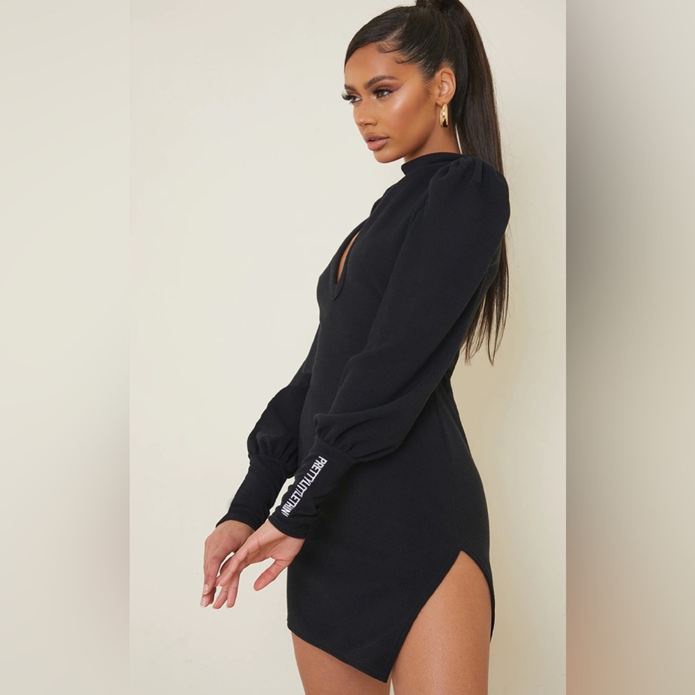 Prettylittlething black ripped, balloon sleeve collar, body con dress Sz 4